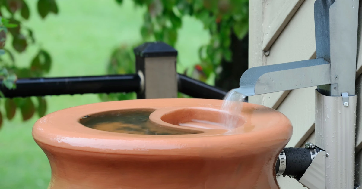 A rainwater diverter filling a terracotta rain barrel with fresh water.